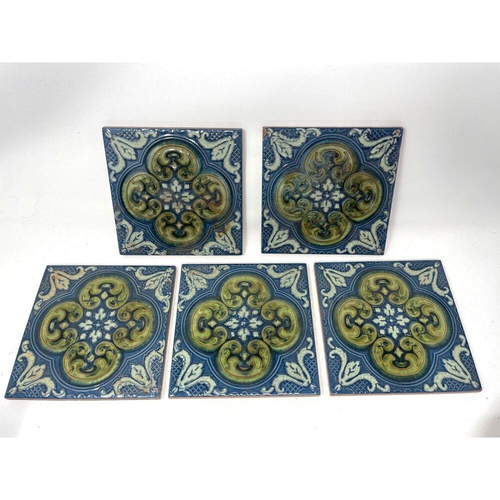 Set 5 Vtg Italy Art Tiles La Campanella Sassuolo Italian Ceramic Art Nouveau 6x6